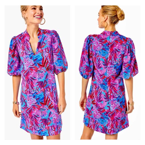 Lilly Pulitzer Dresses & Skirts - LILLY PULITZER Arcelle Printed Dress Ruby Red Wild Times Print Puff Sleeves Sz S